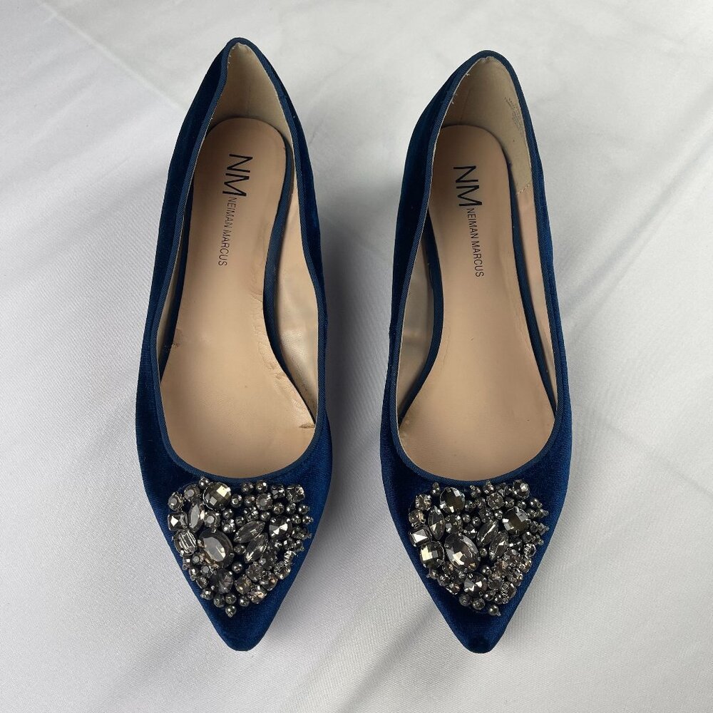 Neiman Marcus Navy Blue Jeweled Pointed Toe Flats